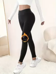 2条装加大码女士保暖加厚高腰打底裤，冬季运动保暖加厚紧身裤柔软瑜伽裤，女装黑色 - 黑色 - 查看 4