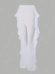 PEPPERMOLLY New Mesh High Waist Ruffle Trim Cover Up Pants, For Summer Vacation - White - View 3