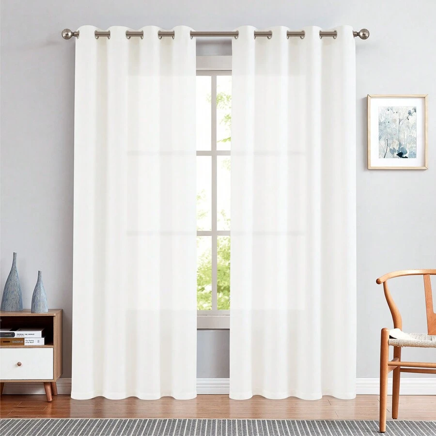 Linen Textured Casual Weave Curtain For Living Room 84 Inches Long Grommet Top Light Filtering Window Drapes Panels For Bedroom 2 Panels Curtains - 白色 - 查看 1