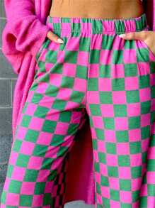 Womens Casual Checkered Print Wide Leg Pants Elastic High Waist Pants Lounge Spring Summer Casual Sweatpants Bottoms With Pockets - 西瓜紅色 - 查看 5