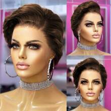 Peruka z koronką z przodu dla czarnoskórych kobiet, fryzura pixie, peruka z ludzkich włosów dla czarnoskórych kobiet, część 13x4x1T, koronka z przodu, peruki bezklejowe na walentynki, kostiumy na Halloween, peruka do codziennego użytku, krótka peruka dla kobiet, peruka z ludzkich włosów 4#, brązowa, krótka peruka z koronką pixie z grzywką z przedziałkiem na bok