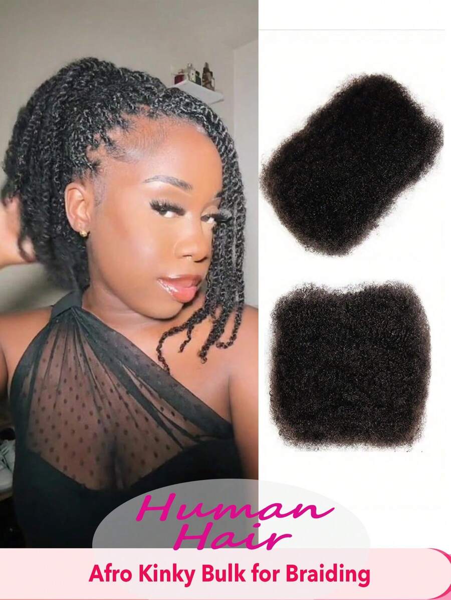 Afro Kinky Curly Human Hair Bulk, 50g Natural Black, For Micro Locs, Twists, Braids, Repair, Dreadlocks, Brazilian Remy Hair Extensions, Unisex - Natural Black - View 1