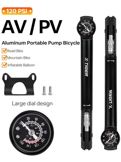 X-TIGER Bomba de bicicleta 120PSI Bomba de bicicleta de alumínio portátil com manômetro Válvula Schrader Presta Inflador Acessórios para bicicleta