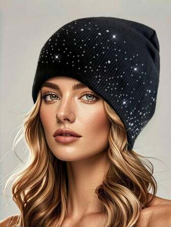 Women's Rhinestone Studded Acrylic Beanie Hat With Stretchy Fabric, Lightweight And Warm Hat, Gothic Alphabet NY Pattern, Y2K Style Outdoor Hat, Breathable, Elastic Knit Cap For Autumn And Winter, Easy Care