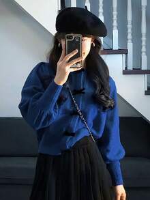 Áo dài tay kiểu đèn lồng dễ thương, ngọt ngào, nữ tính, thích hợp cho mùa xuân/đông và năm mới, phối cùng chân váy và giày, phù hợp cho các buổi hẹn hò đầu xuân/thu, công viên giải trí, các sự kiện tựu trường (Chỉ bán áo/áo khoác) Phong cách thường ngày - Màu xanh lam - Xem 4