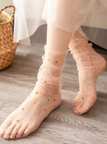 1 Pair Women Fashion Glitter And Stars Tulle Socks See Through Transparent Colorful Star Summer Ultra-Thin Loose Long Socks Mesh Lace Socks - Multicolor - View 8