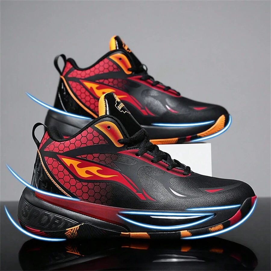Plus Size Men's Durable Non-Slip Shock Absorbing Basketball Sneakers - Black and Red - View 1