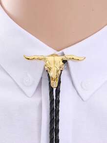 1pc Adjustable Leather Long-Horned Bull Head & Horse Horseshoe Country Party Bolo Tie, Cowboy Western Style Shirt Collar Accessory, Unisex Casual Party Wedding Groomsman Gift Leather Cord Necklace Pendant