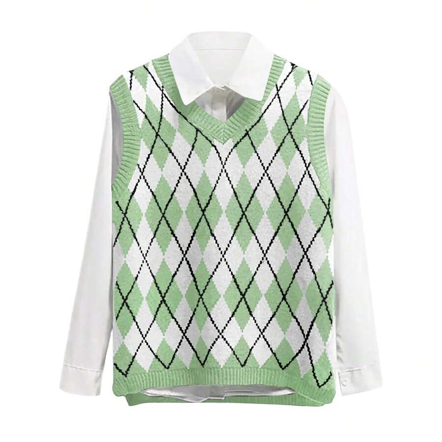 Women's V Neck Knit Sweater Vest Argyle Plaid Preppy Style Sleeveless Crop Knitwear Tank - 淺綠色 - 查看 1