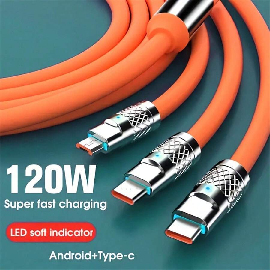 5pcs Multi Charging Cable - 3 In 1 120W Super Fast Charger Cord, Orange Silicone USB Cables, Zinc Alloy Connector, Universal Charging Cord For Type-C And Micro USB For Cell Phones And Car Charging Triple-Headed Super Fast Charging Cable - Experience Lightning-Fast Charging, Universal Compatibility, And Stylish Car-Friendly Design With Data Sync And One Drag Three Function Convenience Compatible With IPhone 16, 16 Pro Max, 15, 15 Plus, 15 Pro, 15 Pro Max, 14 Pro Max, 14 Pro, 14 Plus, 13 Pro Max, 13 Pro, 13, 12 Pro, 12, 11, XS, XR, 8 Plus, 8, 7, 6, 37, SE, For IPad, OnePlus Multifunctional Charging Cable Adapter For Smartphones And Tablets, Durable & High-Performance Nan MFi Certified - Orange 5pcs - View 1