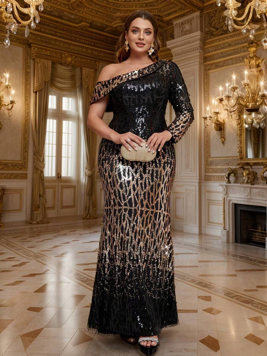 UNITHORSE 加大码不对称领口亮片正式长袖连衣裙、派对礼服、婚礼宾客礼服、晚礼服、新娘礼服、生日女士服装、毕业礼服、长袍 - 金色 - 查看 1