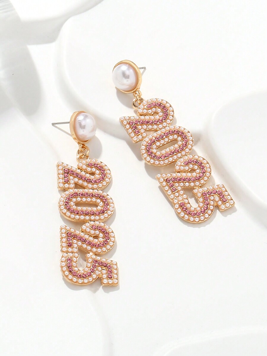 1 Pair Luxury New Year 2025 Faux Pearl & Rhinestone Earrings Pendant