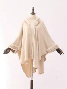 1pc Women's Multi-Color Faux Fur Hooded Windbreaker Poncho Outerwear, Warm And Suitable For Parties, Outings, Travel, Holidays, Christmas Gift - Cape - View 3