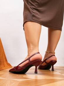 Wide Fit Wine Red PU Leather Material Metal Buckle Decor Ankle Strap Stiletto Heel Pumps, Suitable For Daily Wear, Banquet, Party, Fashion Plus Size Women