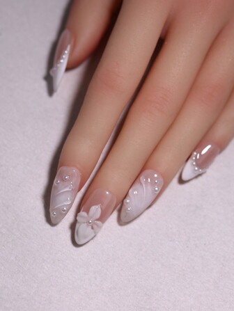 3D Flower And Water Ripple Nail Decoration White And Nude Color French Manual Nails 100% Handmade Press On Nails Almond 10Pcs Fake Nail Tips Reusable Nail Art Design Nail Products For Women And Girls Nail Supplies Nails