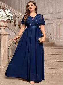 Plus Deep V-Neck Sequin Lace Ruffle Mesh Sleeve Contrast Chiffon Formal Party Long Dress - Navy Blue - View 6