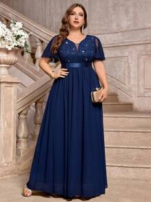 Plus Deep V-Neck Sequin Lace Ruffle Mesh Sleeve Contrast Chiffon Formal Party Long Dress - Navy Blue - View 7