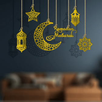 6pcs Ramadan Decoration Hanging Accessories, Ramadan Moon & Star Acrylic Mirror Wall Decor With Rope