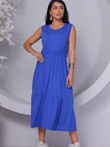 Women's Casual Fleece Dress, Fresh For This Summer - Xanh đậm - Xem 3