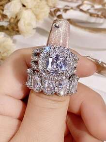2pcs/Set Women's Ring Set, White Cubic Zirconia Ring, Elegant Wedding Accessory, Eternal Jewelry - Ring Set - View 2