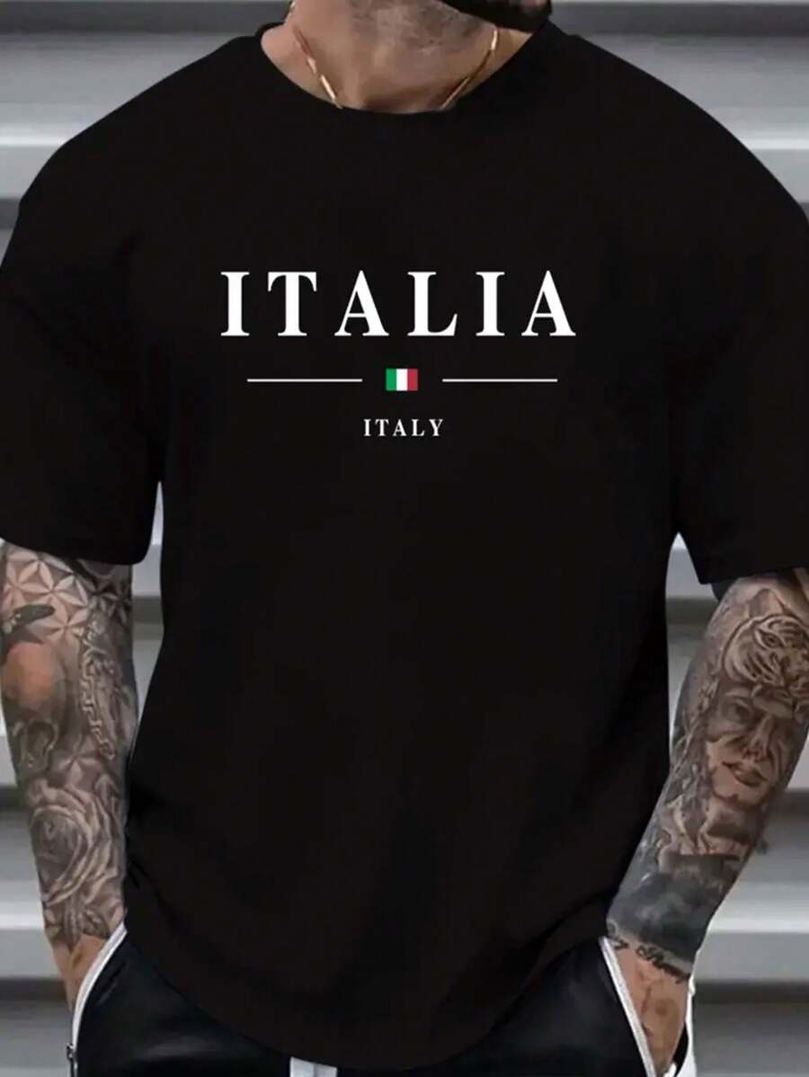 Italian Printed T-Shirt - Flat Printed Men's T-Shirt, Striking Design 220g - 黑色 - 查看 1