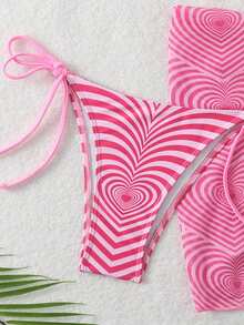 New Heartshaped Halter Lace-Up 3pcs Bikini Swimwear Set With Skirt, Women Beach Fashion Summer Swimwear - Pink - View 5