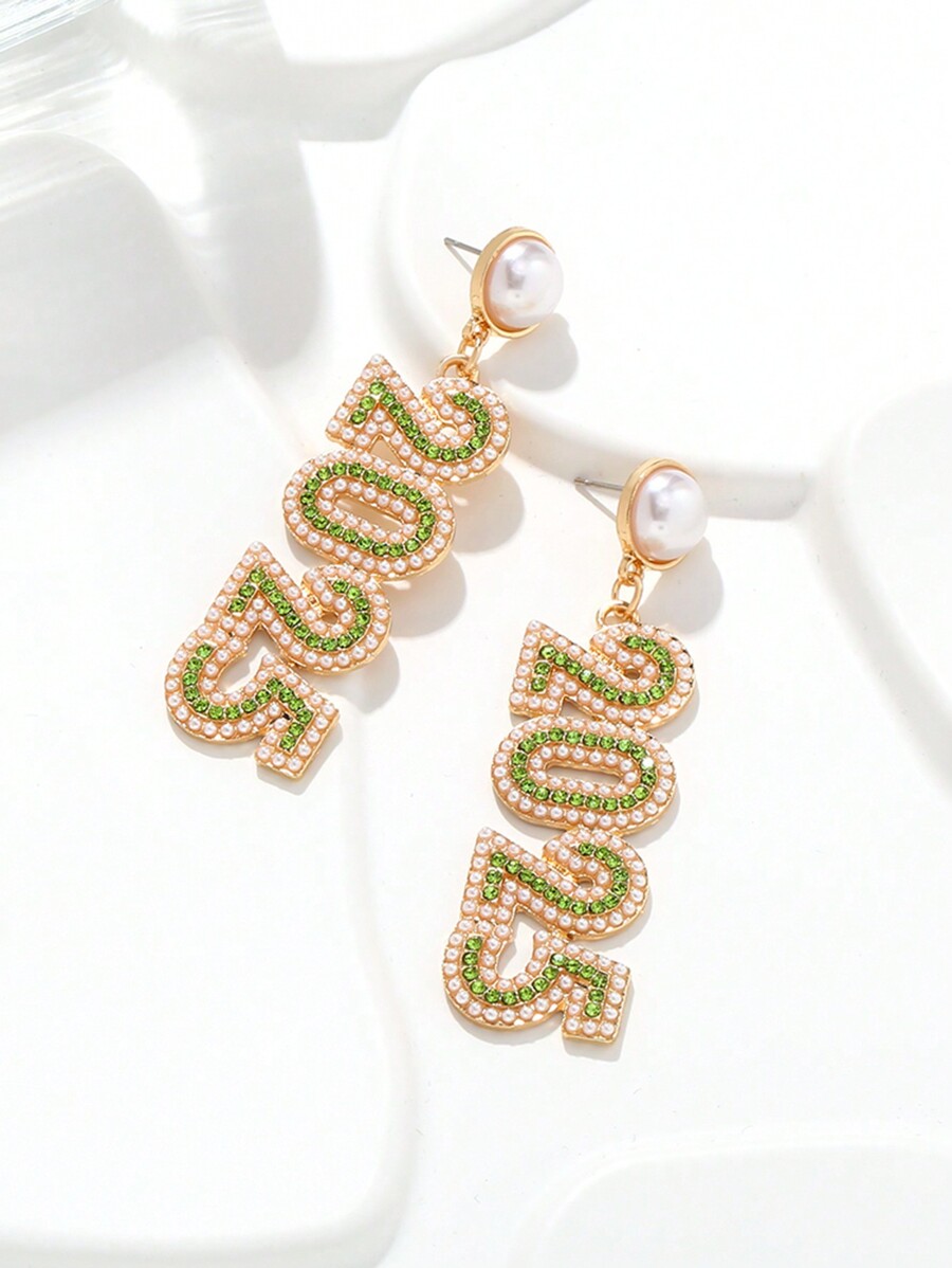 1 Pair Luxury New Year 2025 Faux Pearl & Rhinestone Earrings Pendant