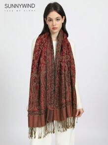 1pc Paisley Jacquard Scarf, All Season - Burgundy - View 8