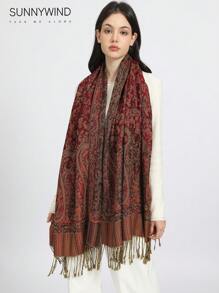 1pc Paisley Jacquard Scarf, All Season - Burgundy - View 7