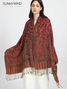 1pc Paisley Jacquard Scarf, All Season - Burgundy - View 3