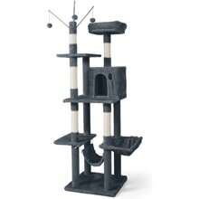 Cats Kittens Tower With Large Modern Widened Perch, Cute 37-Inch Indoor Multi-Level Cat Activity Tree Scratching Posts, Small Ramp, 2-Door Cave Condo For - Light Grey - View 9