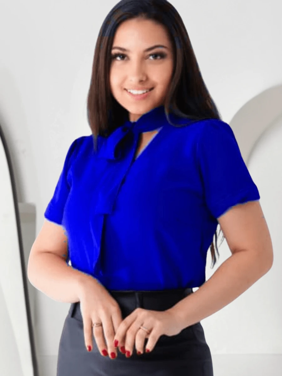 Delicate Evangelical Women's Shirt With Short Sleeves And Bow Detail - 寶藍色 - 查看 1