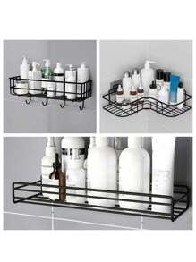 1 pieza Estante de pared para baño/cocina, Estantería de almacenamiento adhesiva con cesta para decoración de habitación - Negro - Ver 9