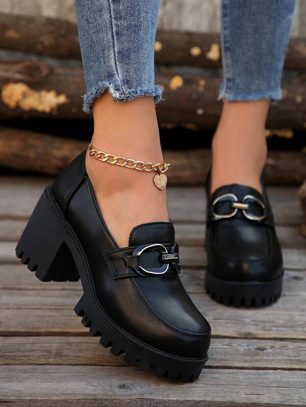Foot Flair Women's Metal Chain Decor Waterproof Platform Round Toe Slip-On Thick Heel (Runs Small, Size 0.5 Down) Vintage High Heel Oxfords, PU Leather Black British Style Work Pumps, Spring Autumn