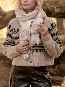 Women's Cardigan Sweater Geometric Print V Neck Long Sleeve Button Down Knit Tops Loose Outerwear For Winter Fall