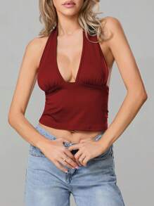 Women Crop Tank Tops Solid Color/Leopard Print Halter Neck Deep V-Neck Backless Casual Vests Summer Sleeveless Tops