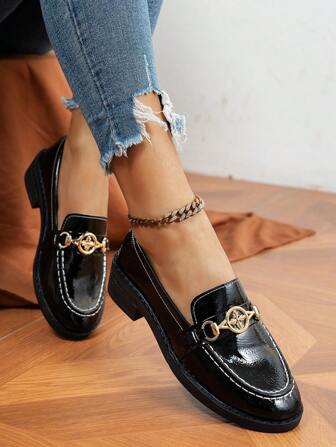 女士新款黑色金属扣一脚蹬乐福鞋，奢华时尚百搭经典复古简约牛津鞋，休闲户外度假礼物坡跟高跟鞋