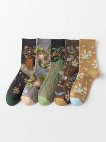 5 Pairs Women's Vintage Artistic Floral Patterned Fashionable Mid-Calf Socks, Suitable For All Seasons - Multicolor - View 9