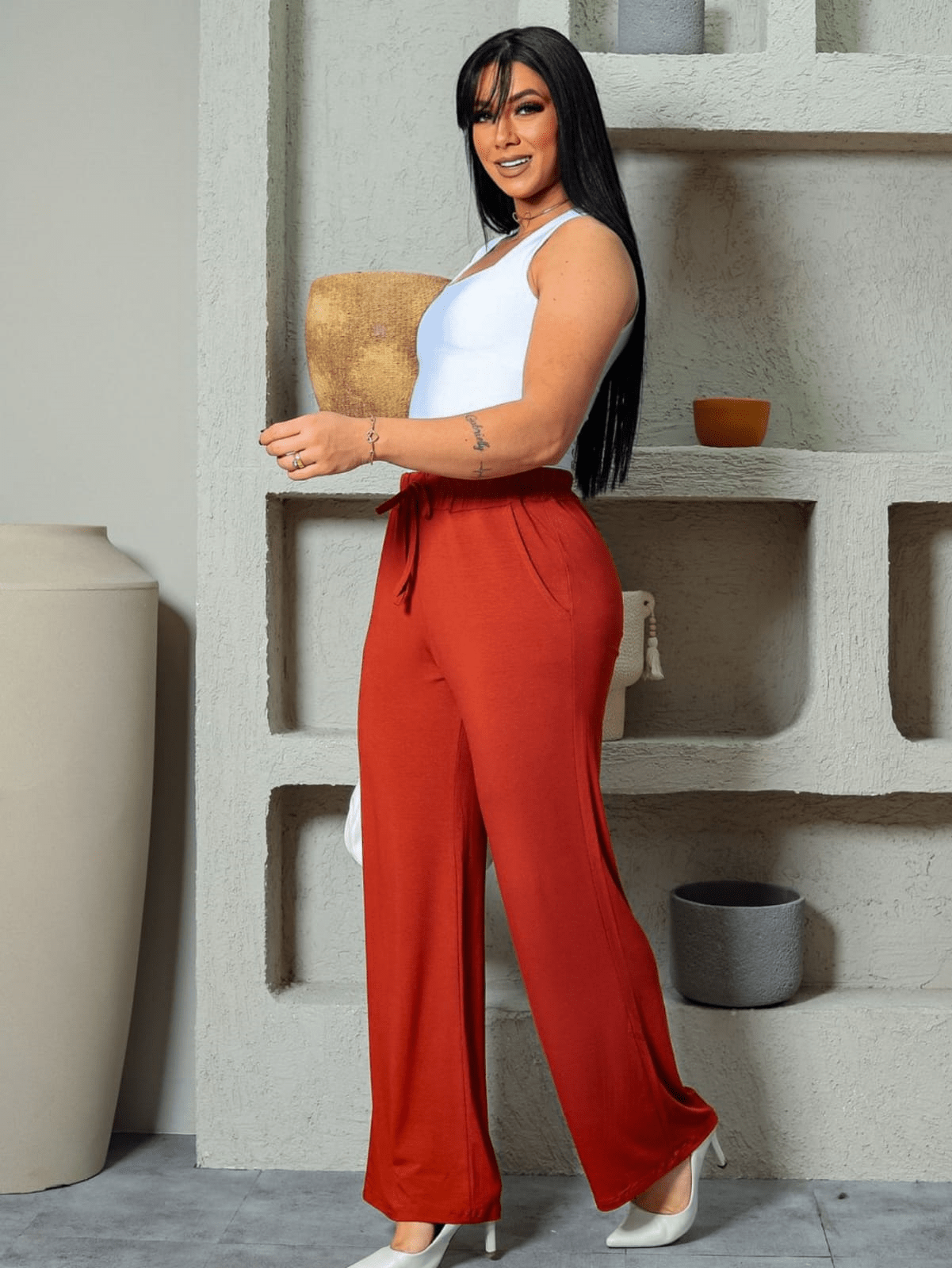 Women's Palazzo Pants With Pocket Viscolycra Fabric - 駝色 - 查看 1