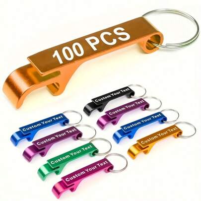 [Custom]100pcs Customizable Metal Bottle Openers Keychains, Elegant Portable, Perfect For Picnics, Personalized Gifts For Bar & Birthday Parties, Kitchen & Restaurant Accessories, No Power Required, Party, Birthday Decoration, Ornamental Fashionable, Stylish, Exquisite Custom, Personalized, Gift For Father, Multi-Functional, Ornamental, Reusable, Exquisite, Stylish, Unique,Customized Bottle Openers & Bottle Opener Accessories,Warm Ambience,Creative Carvings ,Travel Organizer
