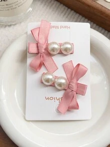 2 件/套复古珍珠发夹配丝带蝴蝶结发夹，甜美优雅发饰装饰礼品套装女士 - 彩色 - 查看 13