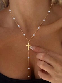 1pc Cross Gold Bead Pearl Necklace For Women,Faux Pearl Chain 14k Gold Plated Stainless Steel Gold Bead Chain Cross Long Collarbone Necklace Faith Necklace Christian Gifts, Friendship Gifts, Mama Gifts, Christmas Gifts, Faith Gifts,Jewelry Gifts