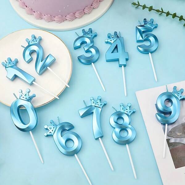 1 pezzo, candela con numero per torta di compleanno da 0 a 9, blu, a forma di corona, decorazione per torta di compleanno, candela numerata per feste di compleanno
