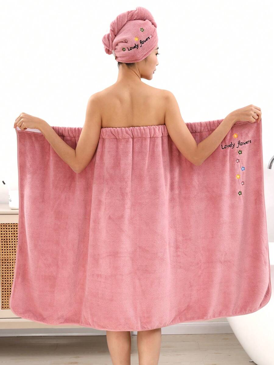 2pcs Women Letter & Floral Embroidery Pink Robe With Matching Bathrobe Caps, Suitable For Homewear Summer Wedding Home Bathroom Decor Back To School - Bean Paste Embroidered Bath Skirt and Shower Cap Two-piece Set - View 1