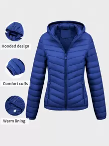 Chaqueta con capucha minimalista de otoño para mujer Risissida - Sin diseño de cremallera, bolsillos prácticos - Azul - Ver 1