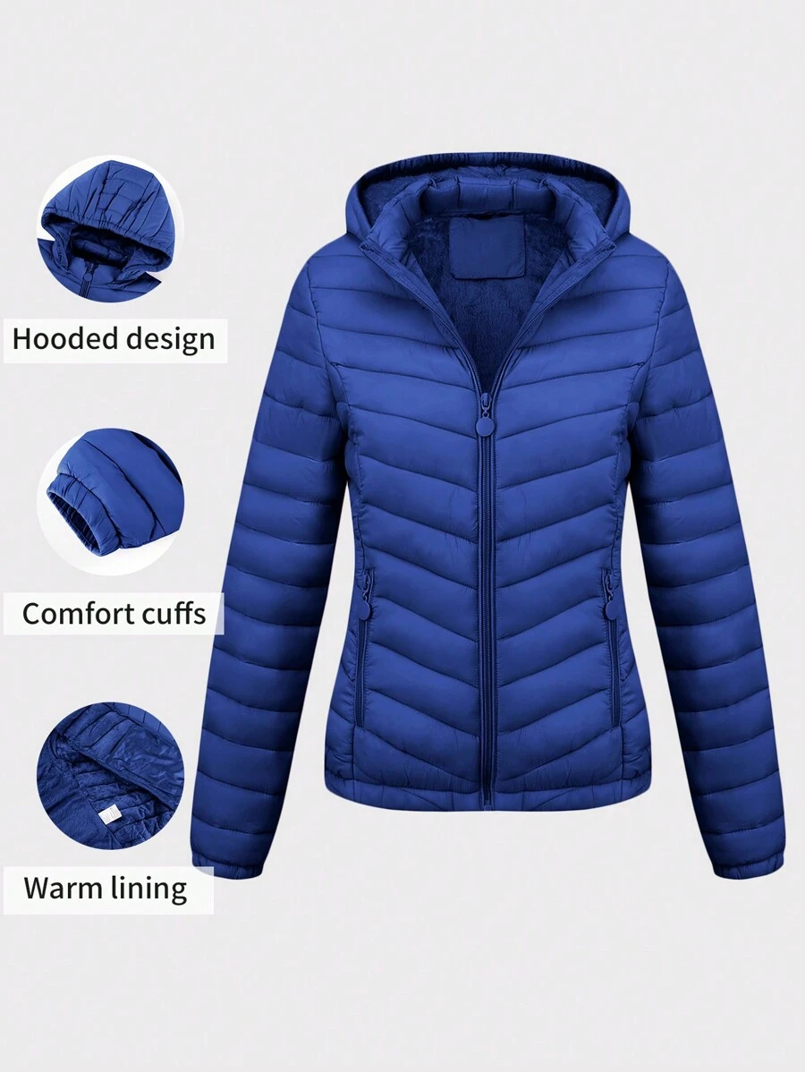 Chaqueta con capucha minimalista de otoño para mujer Risissida - Sin diseño de cremallera, bolsillos prácticos - Azul - Ver 1