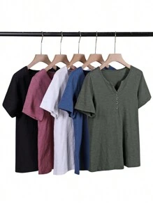 Camiseta Casual de bambú algodón Para Mujer Con Cuello En V - Azul - Ver 2