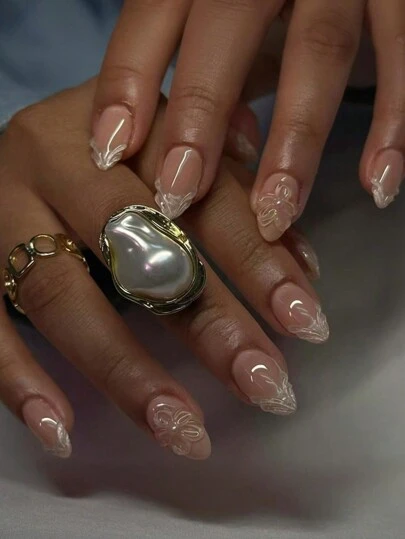 24片白色法式美甲贴纸，短款全覆盖，粉色、裸色、白色可选，适合女性和女孩，美甲用品，圣诞装饰美甲