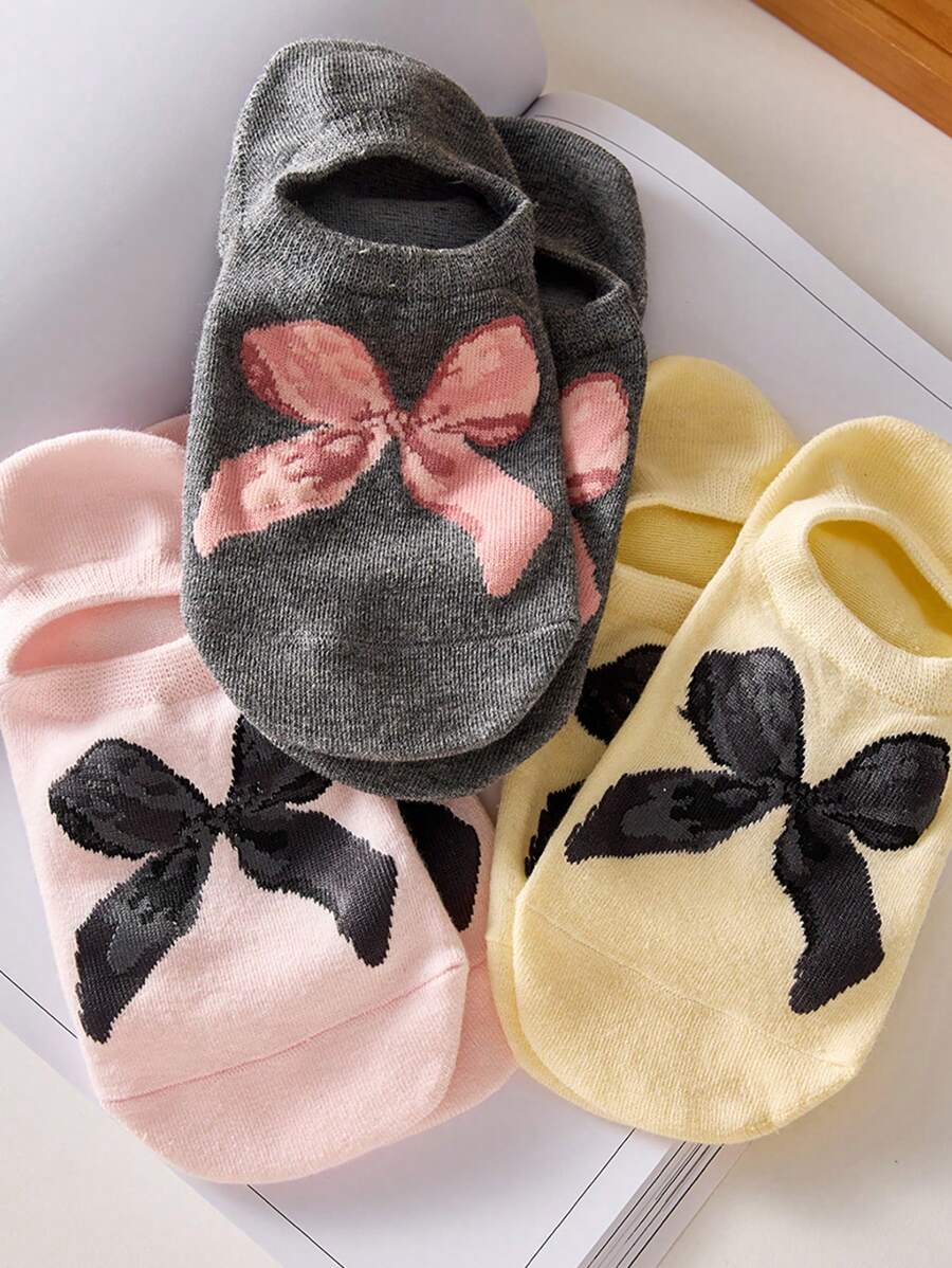 3 双女士隐形袜子，蝴蝶结个性流行短袜，颜色随机 - 彩色 - 查看 1