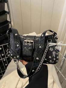 Túi đeo hông nữ mới 2024 có trang trí nơ tình yêu, phong cách xe máy khảm đinh tán cổ điển, túi đinh tán cổ điển phong cách châu Âu và Mỹ có chi tiết xếp ly, dây đeo vai có thể điều chỉnh, túi đeo chéo nữ hình lưỡi liềm bằng da giả màu trơn, có sẵn màu đen, trắng, bạc, quà tặng cho bạn gái, phong cách xe máy tuyệt vời - Nhiều màu - Xem 4